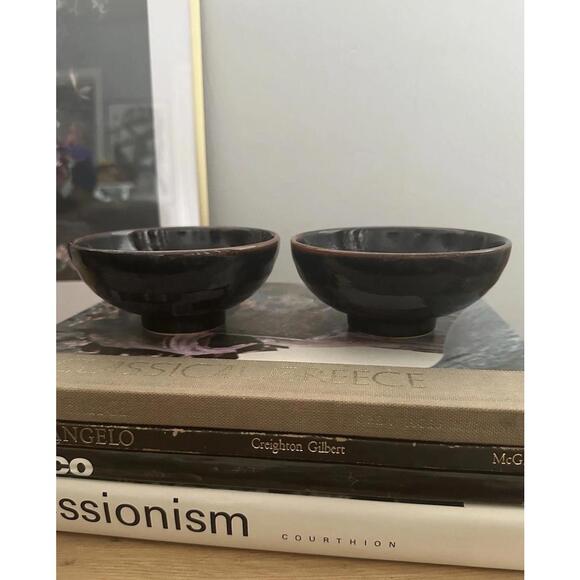 Other - Set of 2 Japanese Tea Bowls Chawan Dark Tenmoku Glaze Black & Brown Glossy